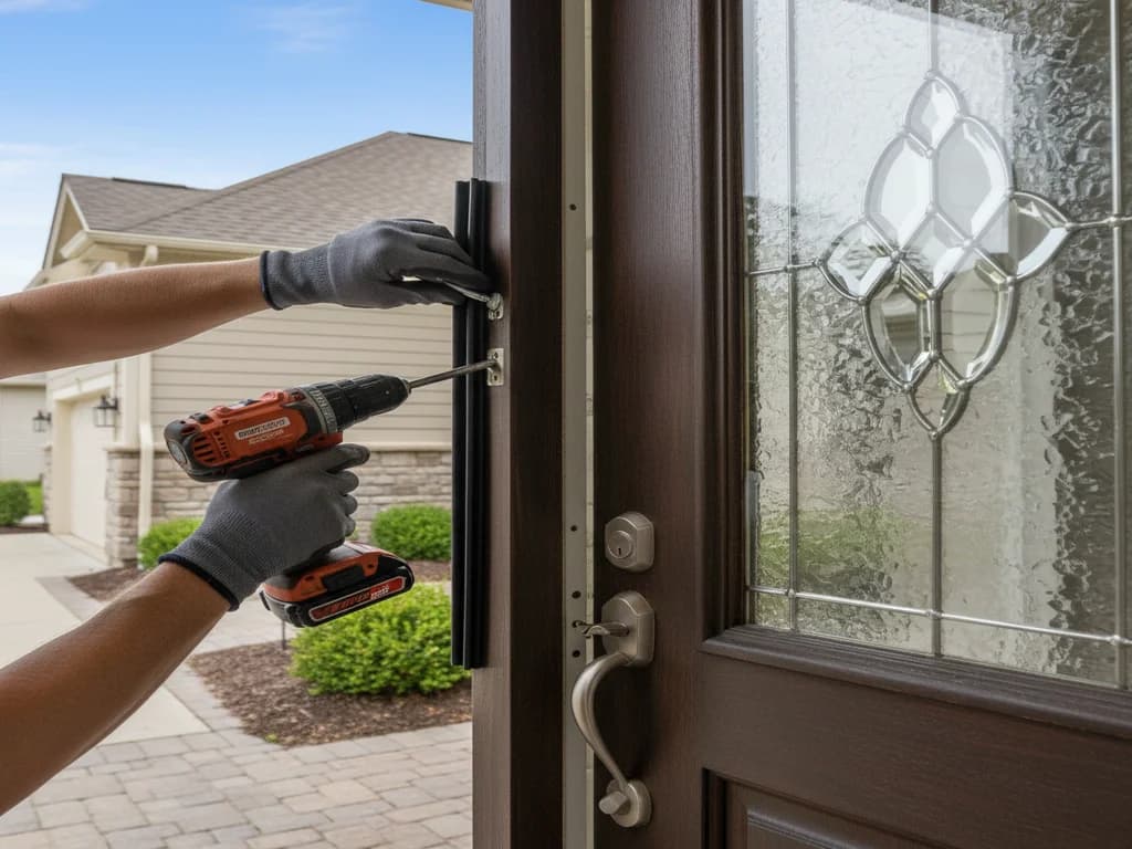Technician repairing an exterior door and weatherstripping — Door Repair in the Treasure Valley, Idaho