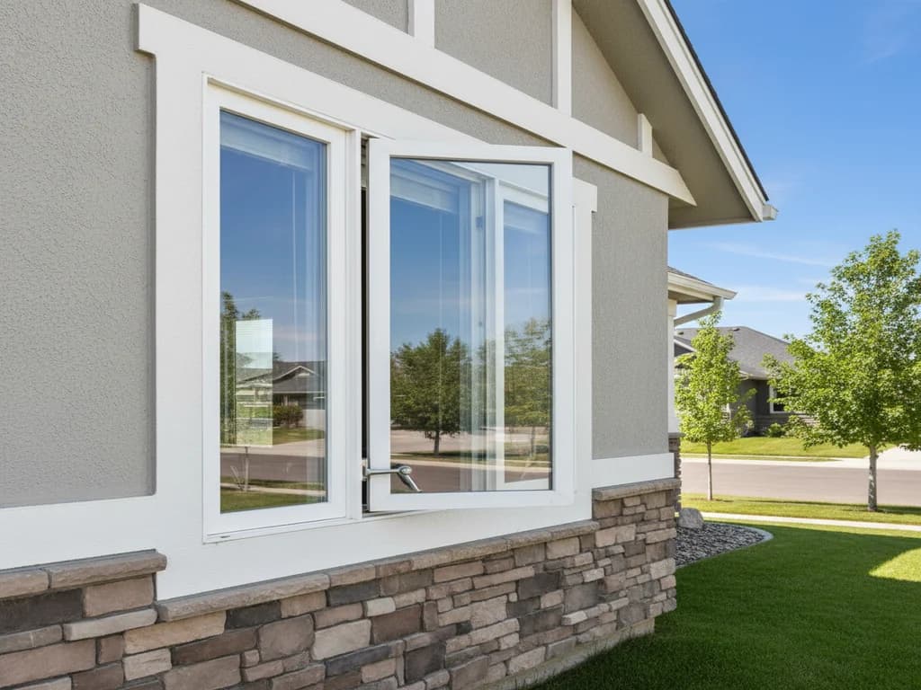 Crank-operated casement window open on a home exterior — Casement Windows in Parma, Canyon County, Idaho