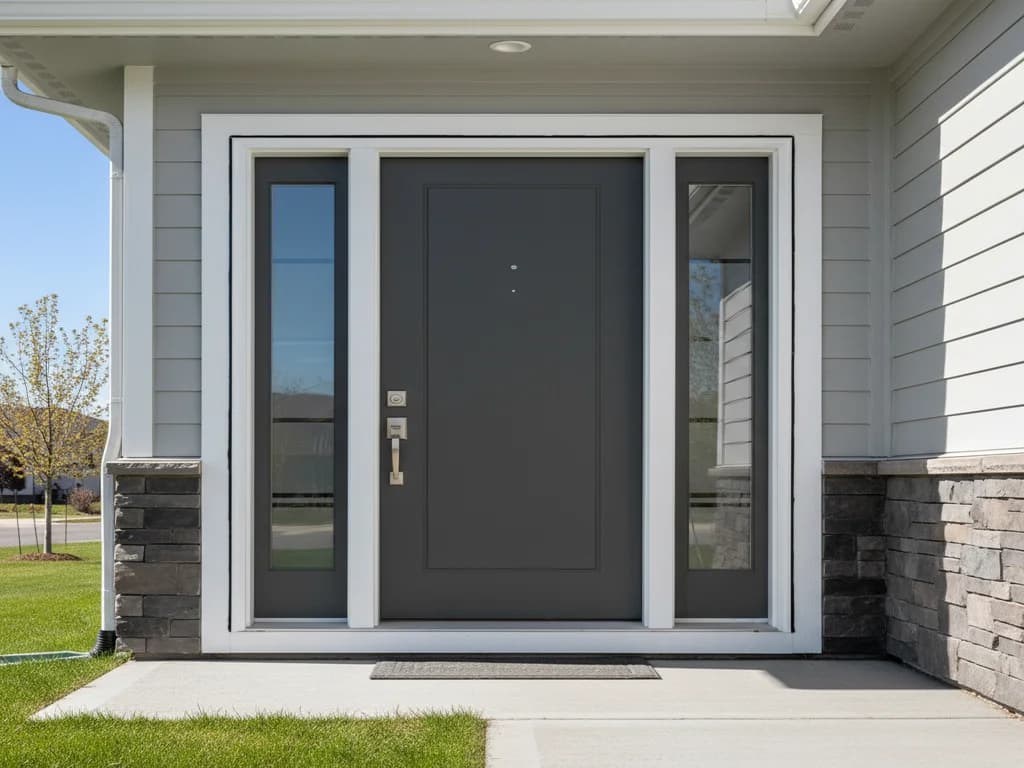 New fiberglass entry door with sidelights installed on a residential home