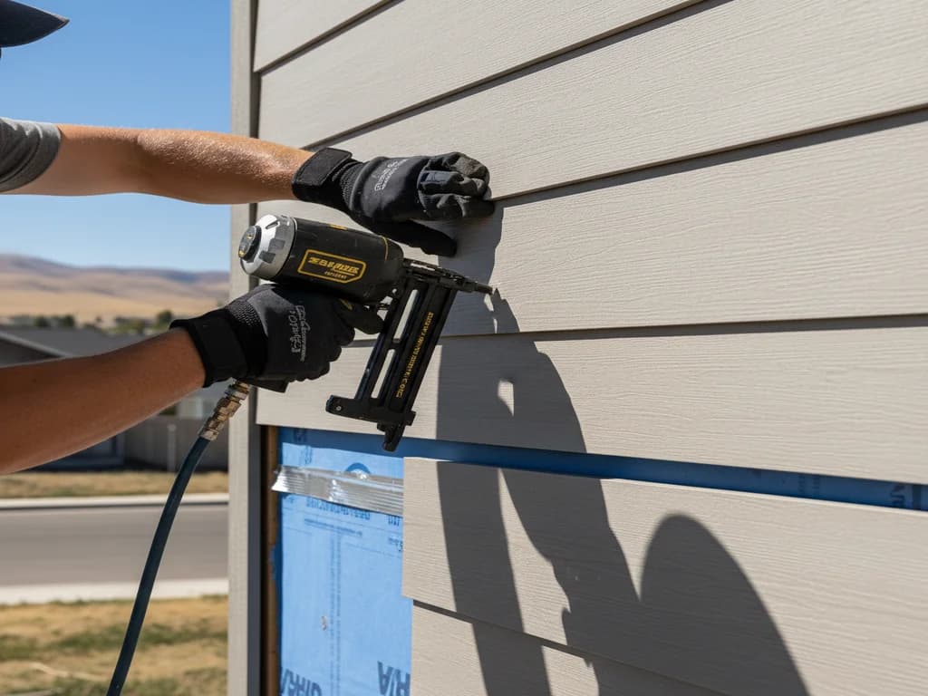 Crew installing fiber cement lap siding on a two-story home exterior